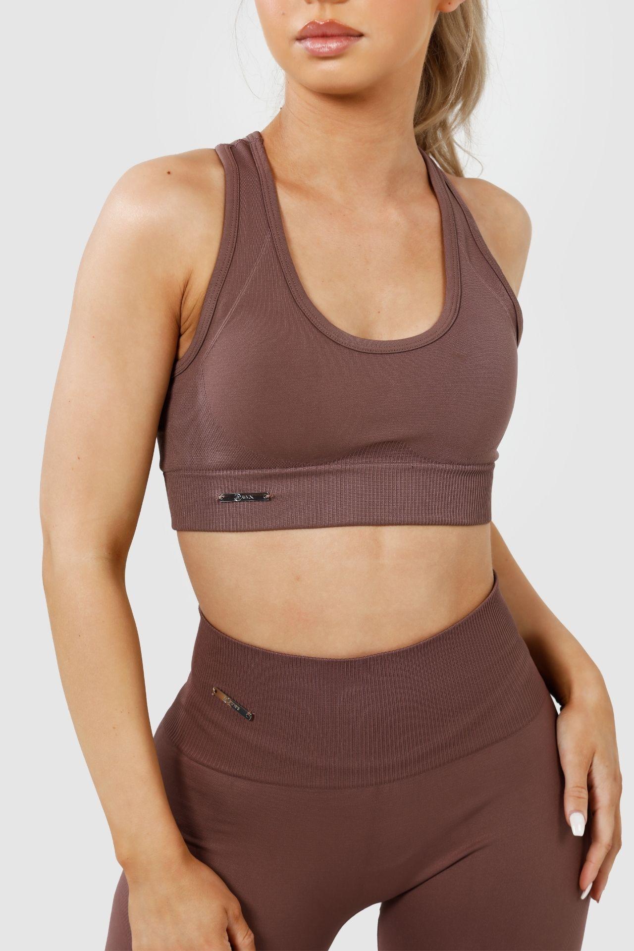 close up girl wearing invictus seamless crop mauve purple 